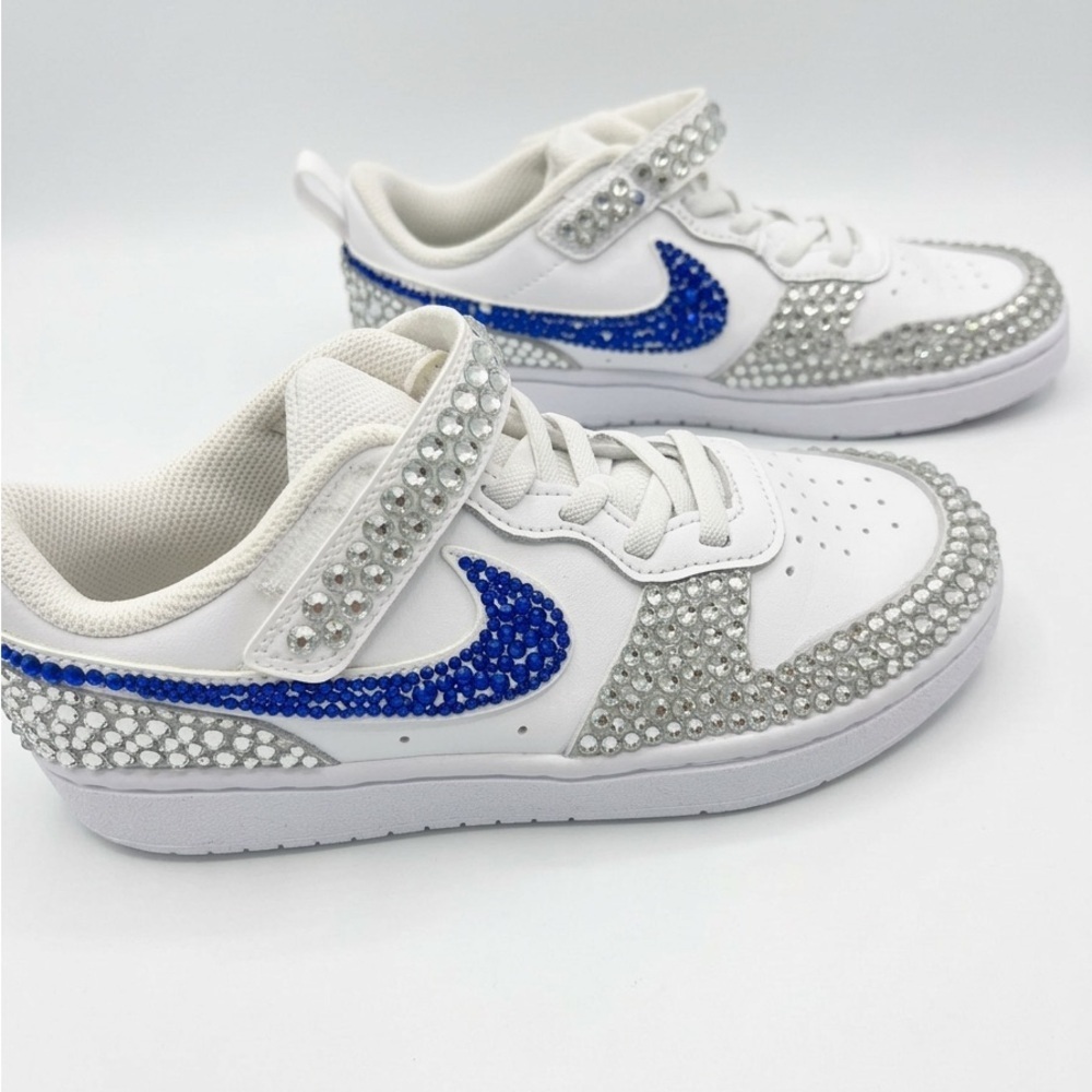 Professionally Bedazzled silver and blue Nike White Youth Sneakers (2.5Y)